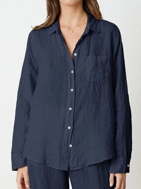 GRAYSON The Hero Linen Button-up Long Sleeve Shirt Navy Blue Size 01/XS Classic